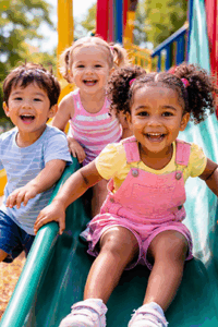 Three children smiling, playing on a park slide.