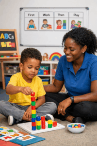 Child with autism in a classroom with a teacher